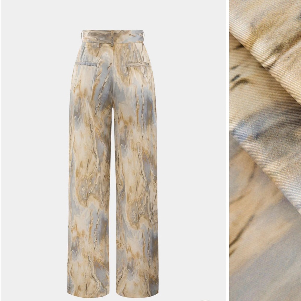 High-Rise Marble-Print Wide-Leg Trousers in Beige & Gray - Picture 2 of 2